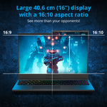 Gaming laptop with large 16-inch display and 16:10 aspect ratio, front angle view
