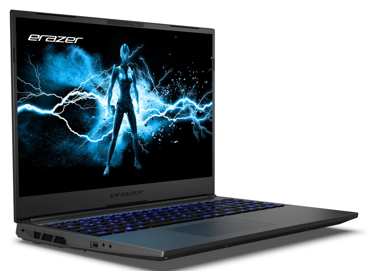 Gaming laptop Erazer Major X20 front‑side‑left shot with illuminated keys